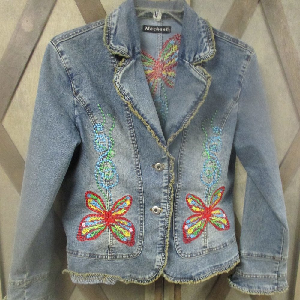 Unique Mechant embroidered ladies jean jacket size small
